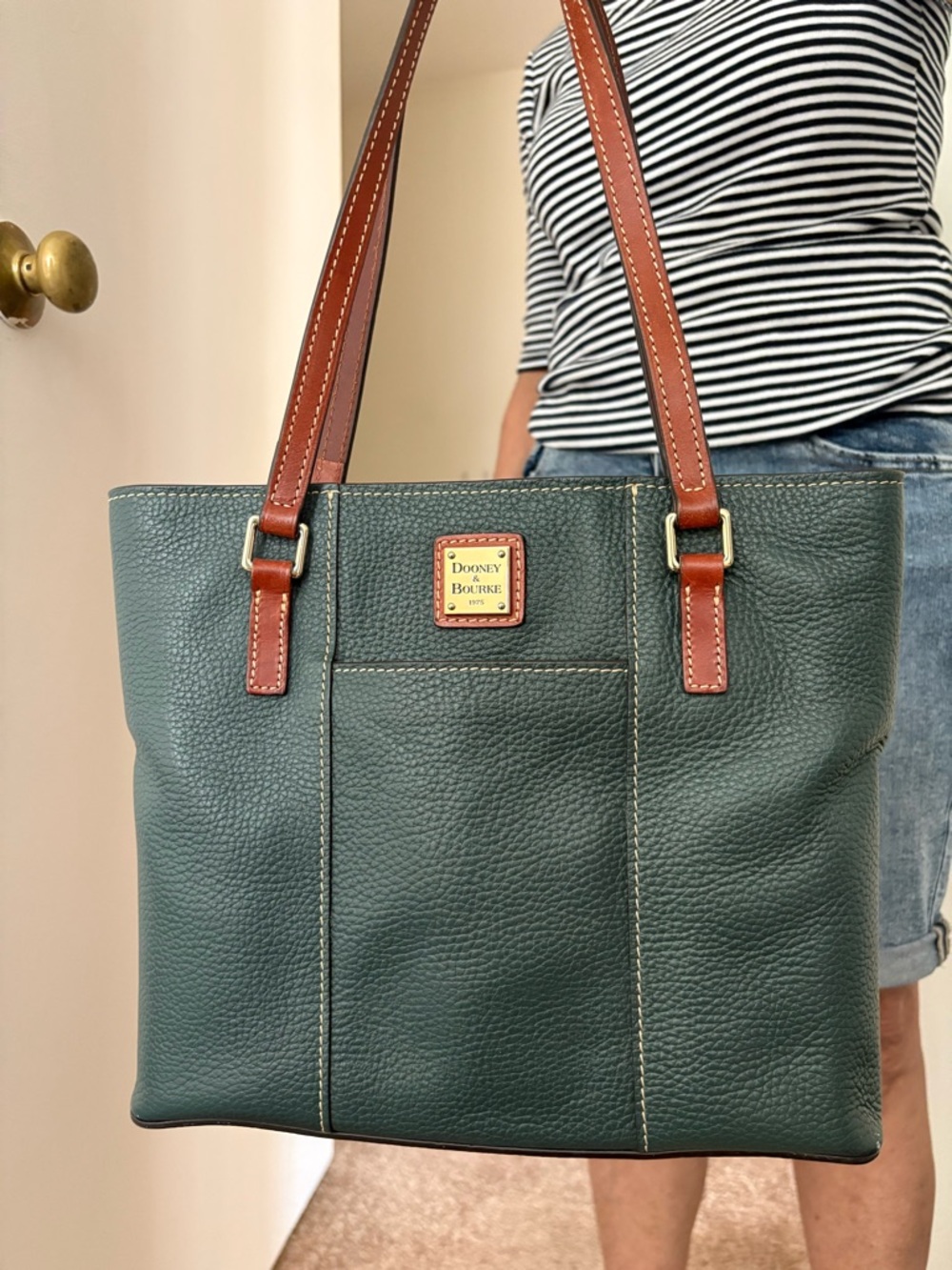 Dooney & Bourke Green Pebble Leather Tote with Brown Straps